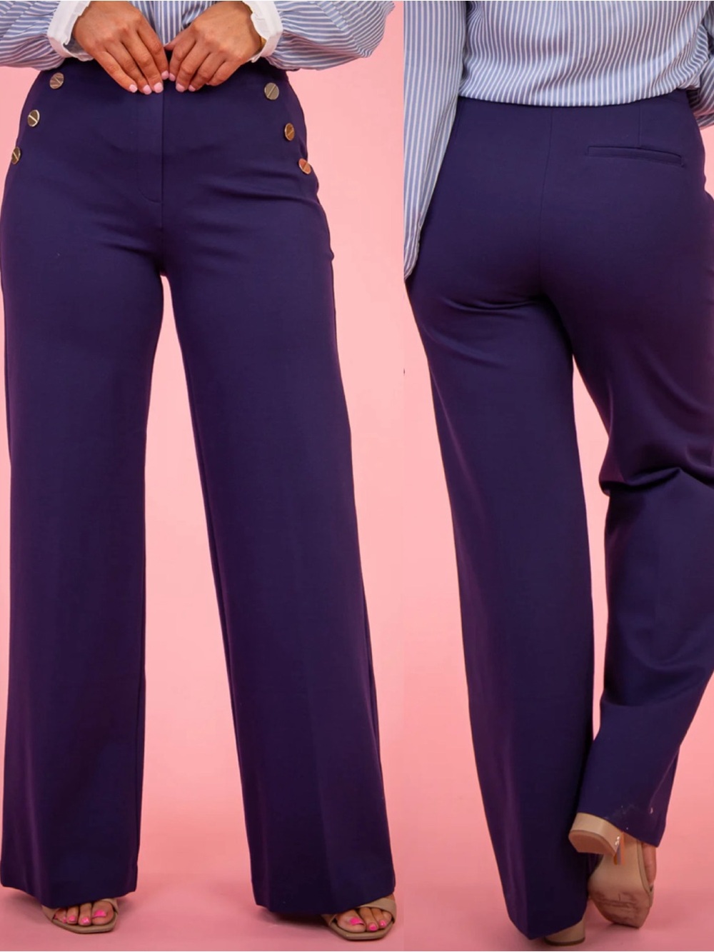 SPANX Ponte Button Front Wide Leg Pants Trousers Lapis Blue Sailor Nautical